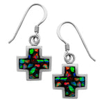 Black Opal Square Cross Dangle Sterling Silver Earrings