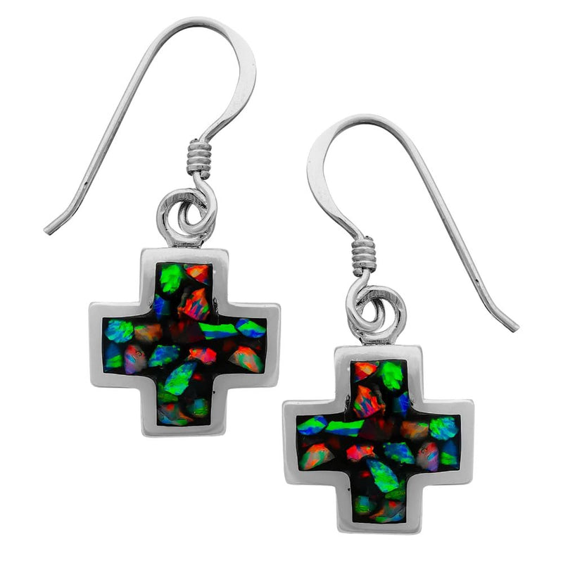 Black Opal Square Cross Dangle Sterling Silver Earrings