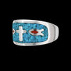 925 Sterling Silver Turquoise and Red Coral Ichthys Ring, Cross & Christian Fish Design, Handmade Native American Gemstone Jewelry, Statement Birthstone Band (10)