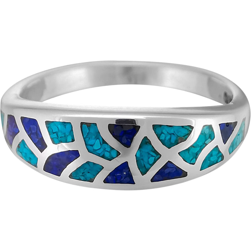 Size 11-925 Sterling Silver, Turquoise, & Lapis Lazuli Mosaic Band, Abstract Gemstone Band, Handcrafted Birthstone Jewelry