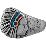 925 Sterling Silver Small Native American Warbonnet Ring, Turquoise & Red Coral, Feathered Warbonnet Design, Indigenous Band, Handmade Gemstone Jewelry (6)