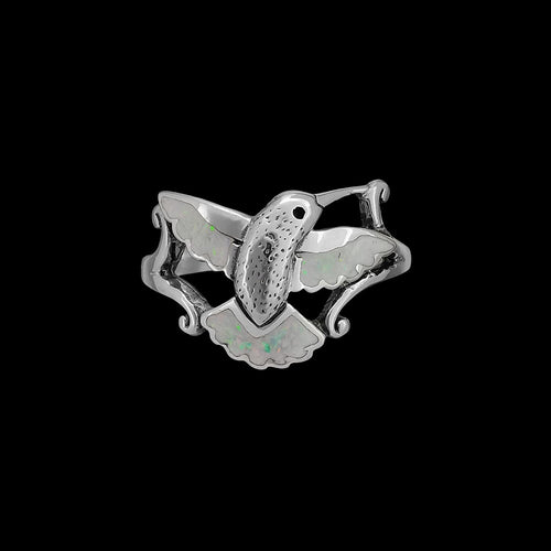 Size 7 Hummingbird Ring • 925 Silver • White Opal Inlay • Navajo Handmade Jewelry