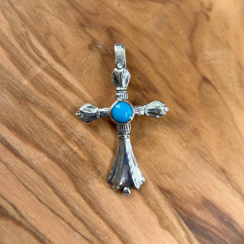 Sterling Silver Diamond-Cut Cross Pendant with Turquoise Cabochon