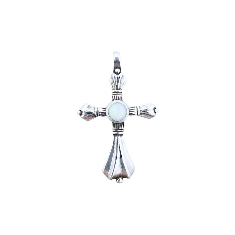 Sterling Silver Cross Pendant with White Opal Inlay