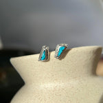 Sterling Silver Turquoise Inlay Stud Earrings – Triangle Design with Twisted Rope and Silver Pearl Border