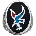 Size 8-925 Sterling Silver Oval Eagle Ring, Curved Spiral Design, Turquoise and Coral