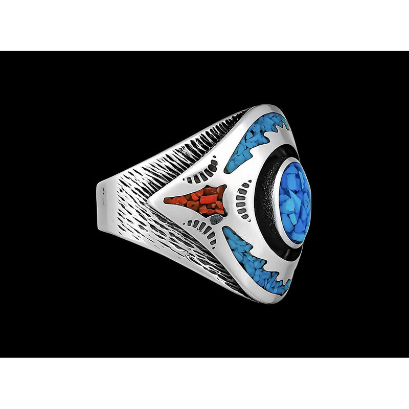 Size 10-925 Sterling Silver Turquoise & Red Coral Ring, Southwestern Roie Jaque Design, Handmade Gemstone Band, Handcrafted Statement Birthstone Jewelry