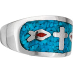 925 Sterling Silver Turquoise and Red Coral Ichthys Ring, Cross & Christian Fish Design, Handmade Native American Gemstone Jewelry, Statement Birthstone Band (10)