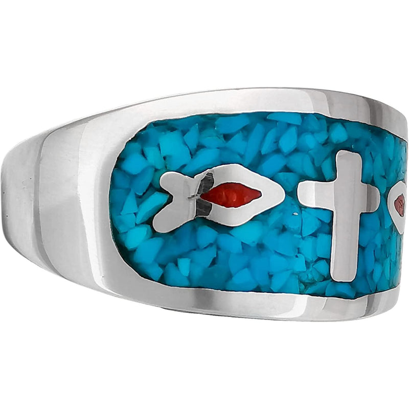 925 Sterling Silver Turquoise and Red Coral Ichthys Ring, Cross & Christian Fish Design, Handmade Native American Gemstone Jewelry, Statement Birthstone Band (10)