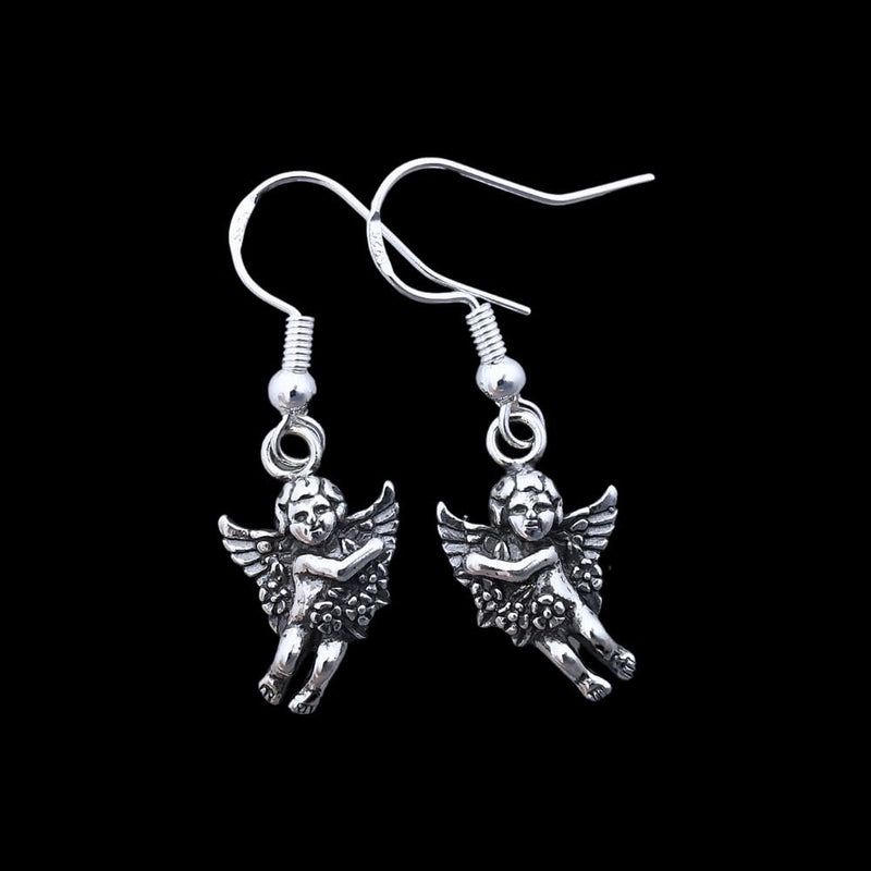 Sterling Silver Cupid/Angel Holding Flowers Dangle Earrings