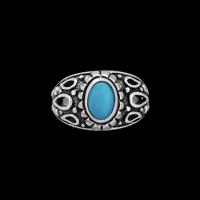 925 Sterling Silver Diamond Cut Oval Turquoise Cabochon Ring, Abstract Beaded Teardrop Design, Solitaire Gemstone Band, Handmade Jewelry (7.5)
