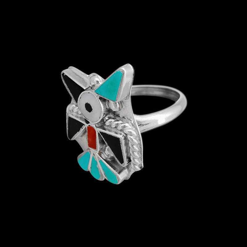 Size 7 - Native American Roadrunner Zuni Ring with Turquoise, Red Coral, Jet, Mother of Pearl Ring