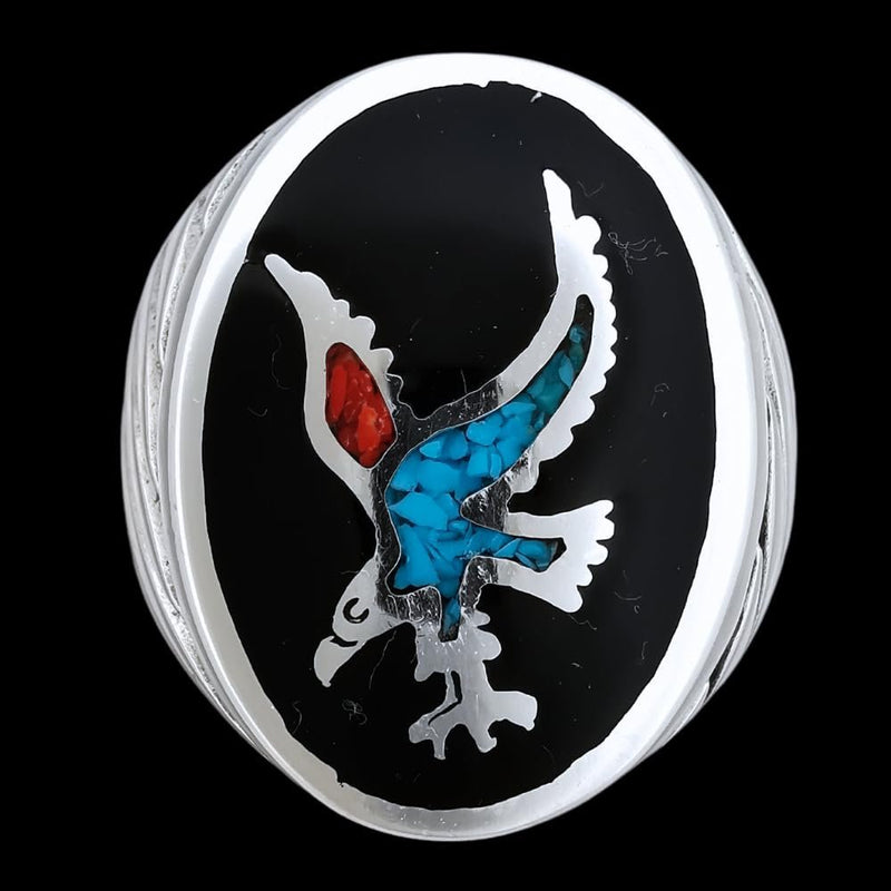 Size 8-925 Sterling Silver Oval Eagle Ring, Curved Spiral Design, Turquoise and Coral