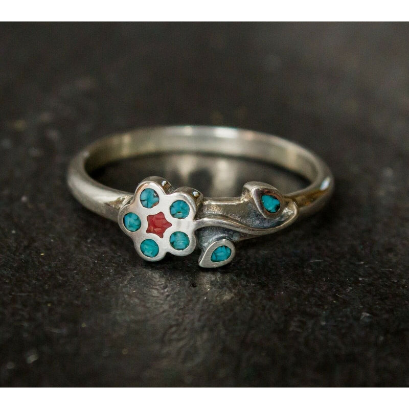 Size 7 - 925 Sterling Silver Turquoise and Coral Flower Ring