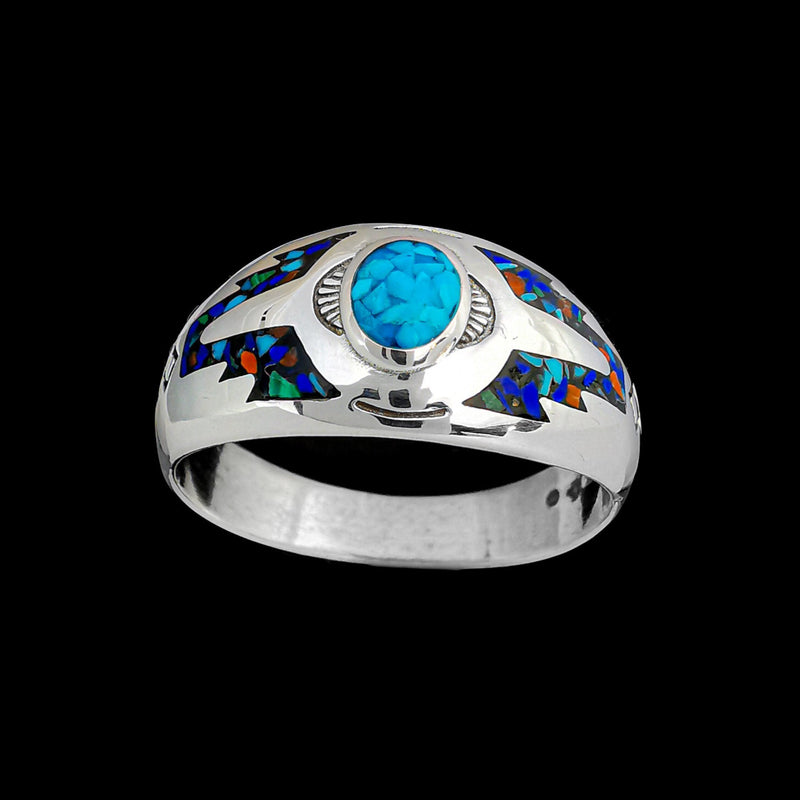 Navajo Handmade Southwest Ring • Turquoise, Lapis Lazuli, Red Coral, Malachite • 925 Sterling Silver • Southwestern Style