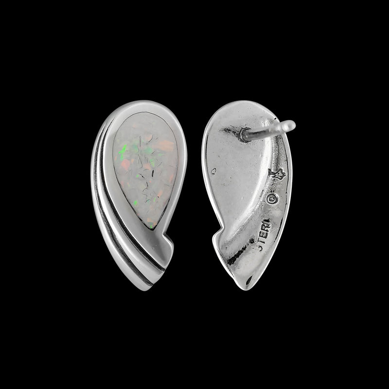 925 Sterling Silver Stud Earrings • Teardrop Shape • White Opal Gems