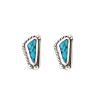 Sterling Silver Turquoise Inlay Stud Earrings – Triangle Design with Twisted Rope and Silver Pearl Border