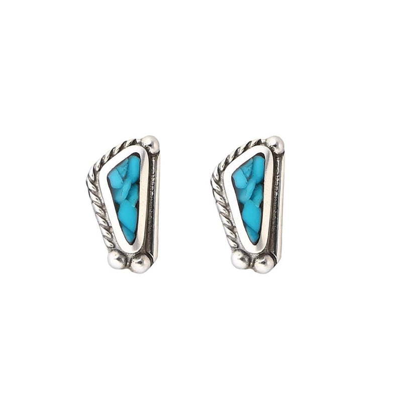 Sterling Silver Turquoise Inlay Stud Earrings – Triangle Design with Twisted Rope and Silver Pearl Border