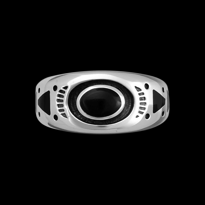 925 Sterling Silver Black Resin Ring, Southwestern Geometric Design, Handmade Oval Gemstone Band, Handcrafted Birthstone Jewelry