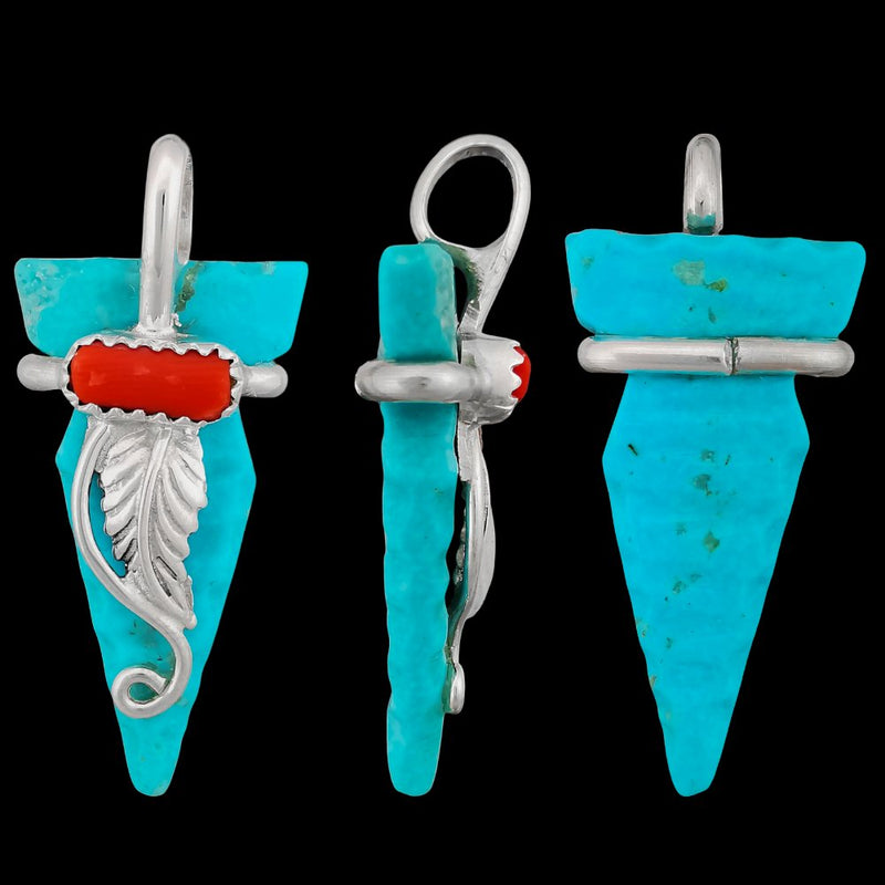 Native American Pendant, Hand Carved Turquoise Arrowhead, 925 Silver