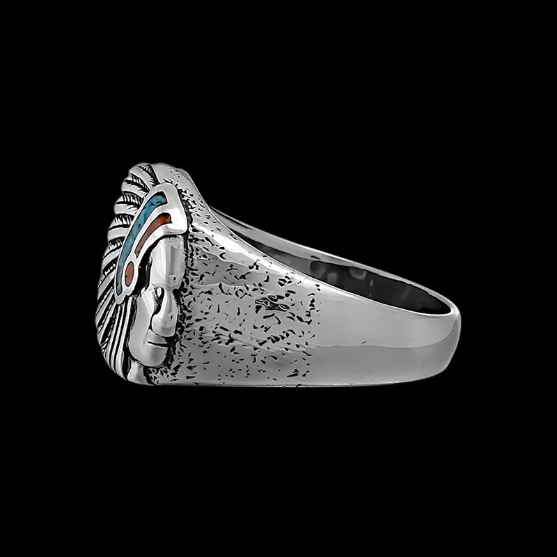 925 Sterling Silver Small Native American Warbonnet Ring, Turquoise & Red Coral, Feathered Warbonnet Design, Indigenous Band, Handmade Gemstone Jewelry (6)