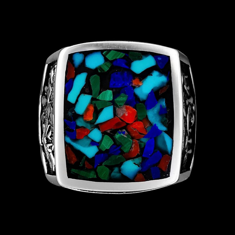 Size 12.5 - Square Faced Mixed Stones Inlaid Ring, Mountain Scene