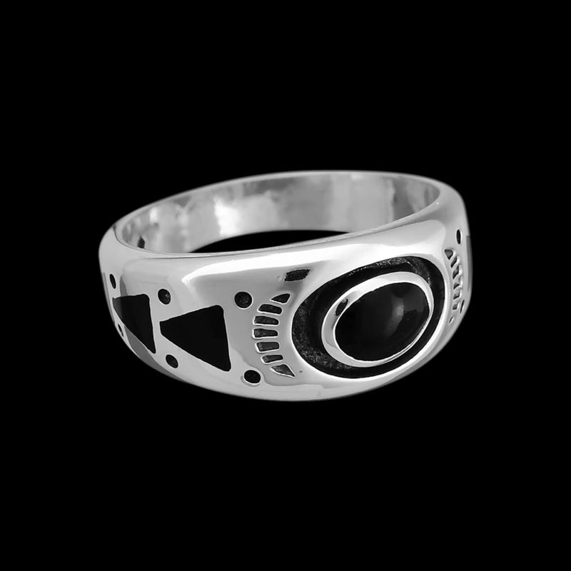 925 Sterling Silver Black Resin Ring, Southwestern Geometric Design, Handmade Oval Gemstone Band, Handcrafted Birthstone Jewelry