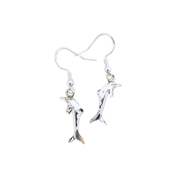 Sterling Silver Dangle Single Dolphin Diamond-Cut Earrings