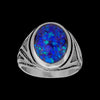 Size 10-925 Sterling Silver Oval Blue Opl Ring, Geometric Maze Accent Design, Handmade Gemstone Jewelry, Statement Birthstone Band
