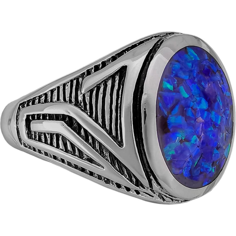 Size 10-925 Sterling Silver Oval Blue Opl Ring, Geometric Maze Accent Design, Handmade Gemstone Jewelry, Statement Birthstone Band