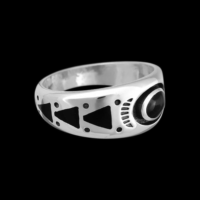 925 Sterling Silver Black Resin Ring, Southwestern Geometric Design, Handmade Oval Gemstone Band, Handcrafted Birthstone Jewelry