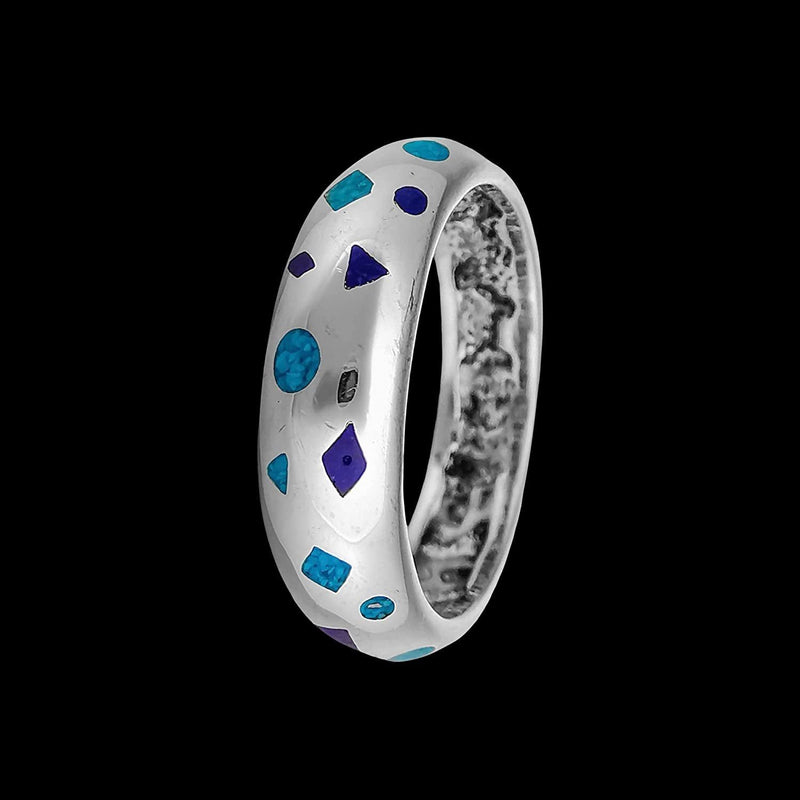 Size 7-925 Sterling Silver Scattered Shapes Ring, Turquoise & Lapis Lazuli, Abstract Design, Handmade Geometric Statement Jewelry, Handcrafted Birthstone Band