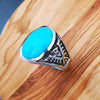Size 12-925 Sterling Silver Oval Sleeping Beauty Turquoise Cabochon Ring, Southwestern Thunderbird Design, Statement Gemstone Band, Handmade Avian Birthstone Jewelry