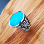 Size 12-925 Sterling Silver Oval Sleeping Beauty Turquoise Cabochon Ring, Southwestern Thunderbird Design, Statement Gemstone Band, Handmade Avian Birthstone Jewelry