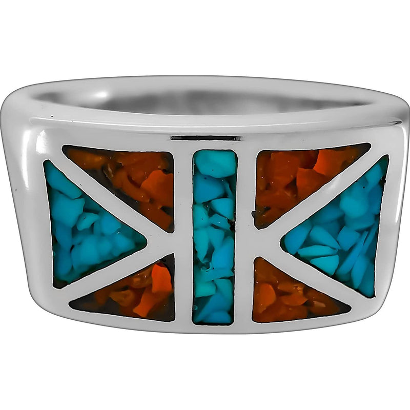 Size 10-925 Sterling Silver Geometric Flag Ring, Turquoise & Red Coral, Abstract Gemstone Design, Handmade Geometric Statement Jewelry, Handcrafted Birthstone Band