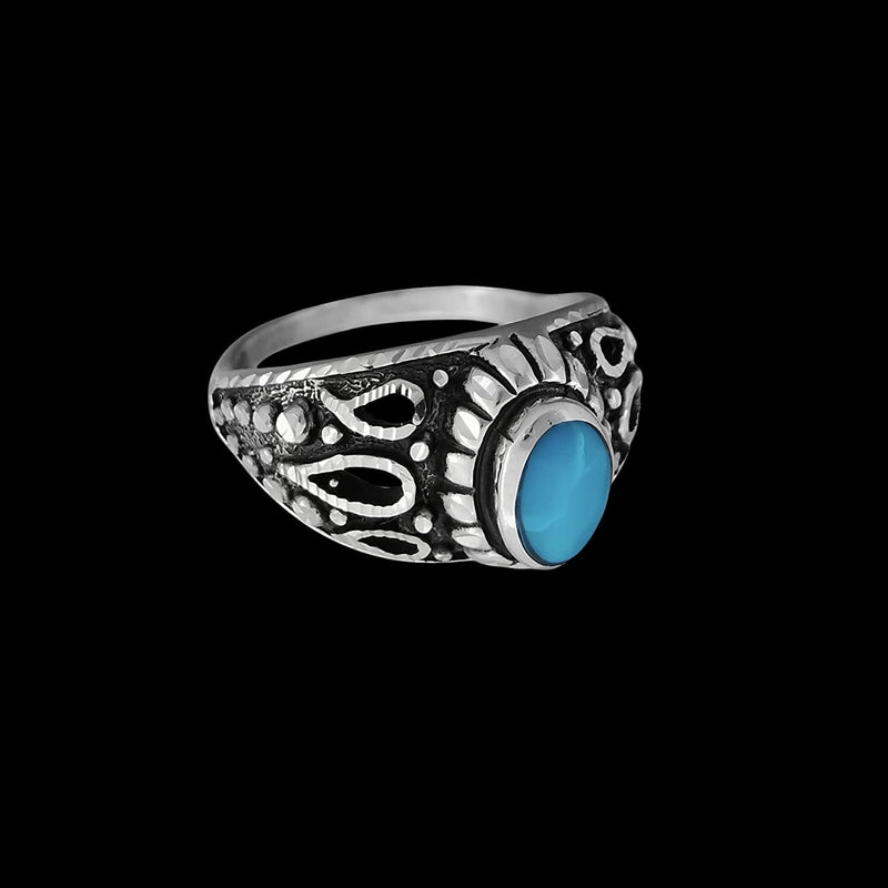 925 Sterling Silver Diamond Cut Oval Turquoise Cabochon Ring, Abstract Beaded Teardrop Design, Solitaire Gemstone Band, Handmade Jewelry (7.5)