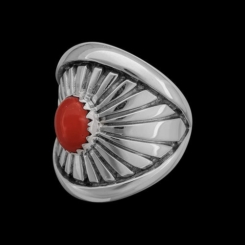 Size 10.75-925 Sterling Silver Sunburst Red Coral Cabochon Ring, Simple Geometric Design, Handmade Gemstone Jewelry, Statement Birthstone Band