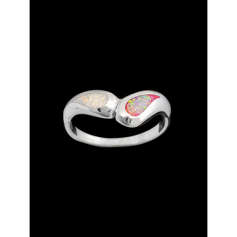 925 Sterling Silver Teardrop Ring with Pink and White Opal • Navajo Handmade • Raindrop Design