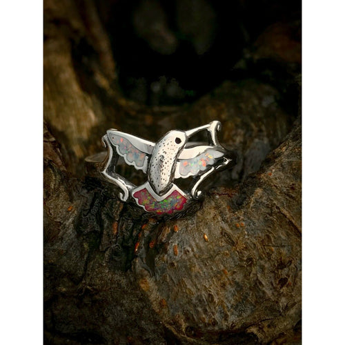 Size 11 - 925 Sterling Silver Hummingbird Ring • White Opal, Pink Opal, Feathered Bird Design