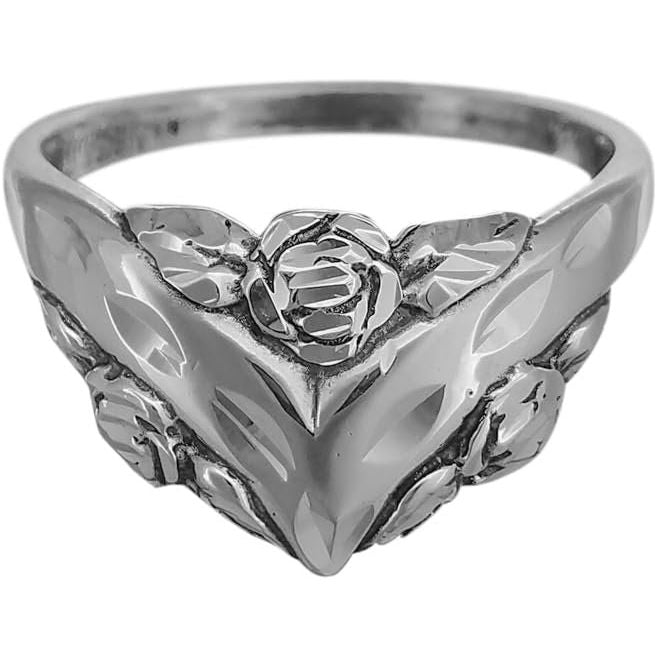 Sterling Silver V Shaped Diamond Cut Rose Ring