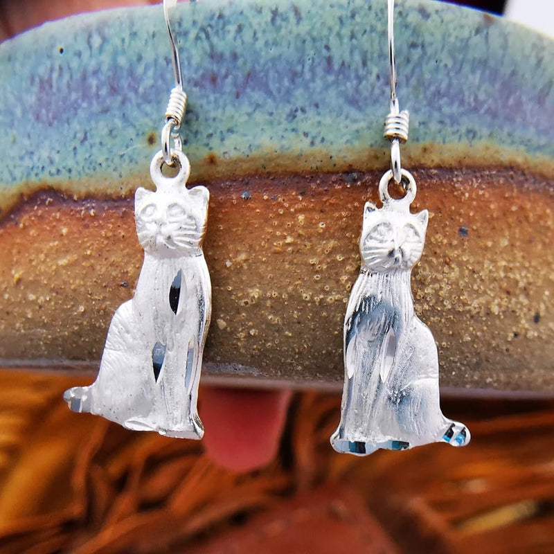 Sterling Silver Matte Kitty Cat Dangle Earrings