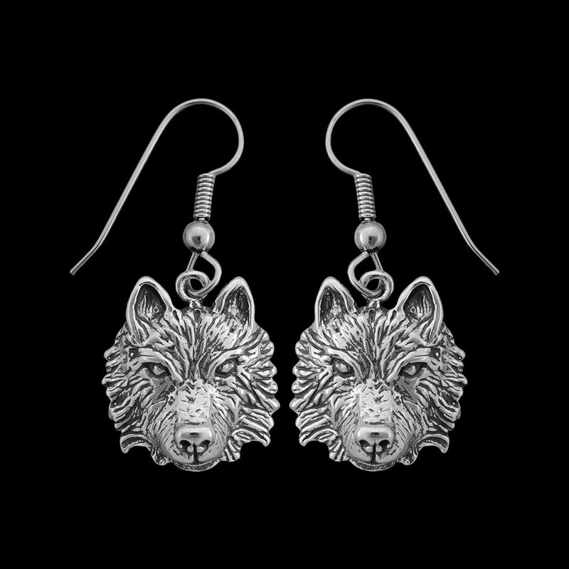 Sterling Silver Gray Wolf Dangle Earrings