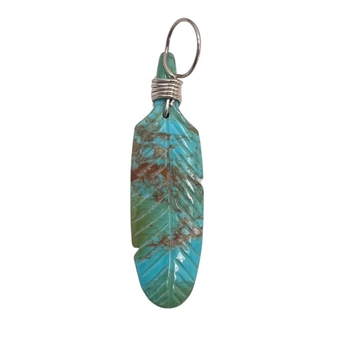 Native American Pendant, Hand Carved Turquoise Feather, 925 Silver