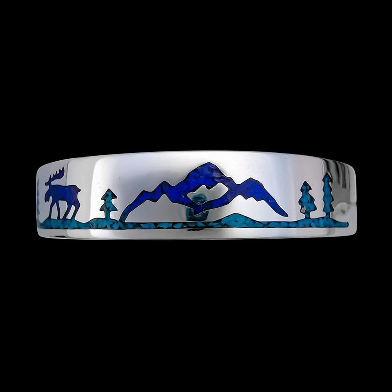 925 sterling silver Mountain Man cuff bracelet with Moose and Mountain Cabins