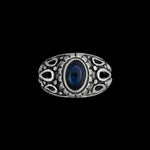 Size 7.5 925 Sterling Silver Diamond Cut Oval Blue Topaz Cabochon Ring, Abstract Beaded Teardrop Design, Solitaire Gemstone Band, Handmade Jewelry (7.5)
