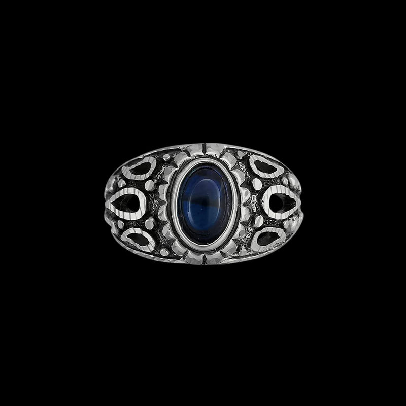 Size 7.5 925 Sterling Silver Diamond Cut Oval Blue Topaz Cabochon Ring, Abstract Beaded Teardrop Design, Solitaire Gemstone Band, Handmade Jewelry (7.5)