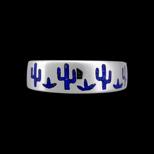 Size 10 - Sterling Silver Saguaro Cactus Ring • Lapis Lazuli Inlay • Navajo Handcrafted