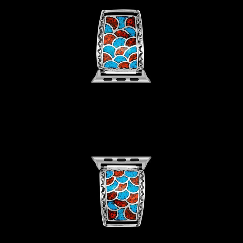 Sterling SIlver Turquoise and Coral Scalloped Mosaic Watch Tips