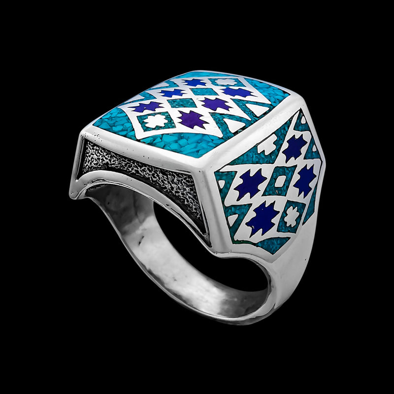 Woven Tribal Design Turquoise and Lapis Lazuli ring
