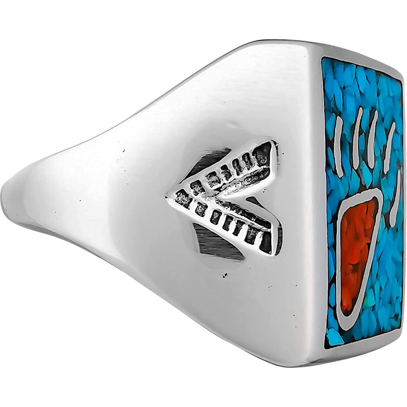 Size 13-925 Sterling Silver, Turquoise, & Red Coral Bear Paw Showcase Ring, Detailed Claw Design, Handmade Gemstone Nature Band, Handcrafted Animal Jewelry
